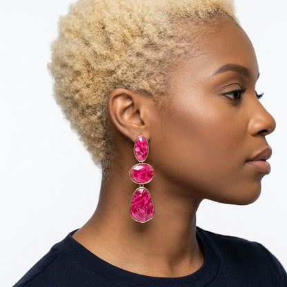 3 Tier Drop Fuchsia Mosaic Gold Geometric Earrings