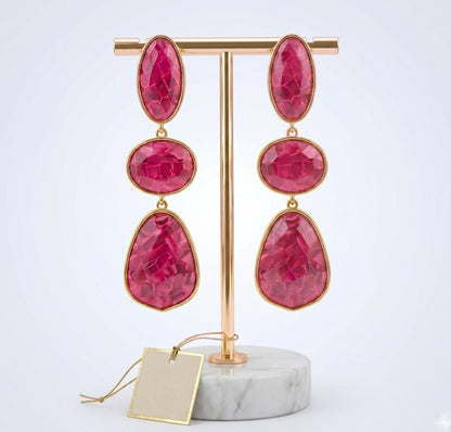 3 Tier Drop Fuchsia Mosaic Gold Geometric Earrings