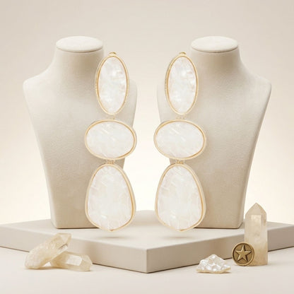 3 Tier Drop Ivory Mosaic Gold Geometric Earrings