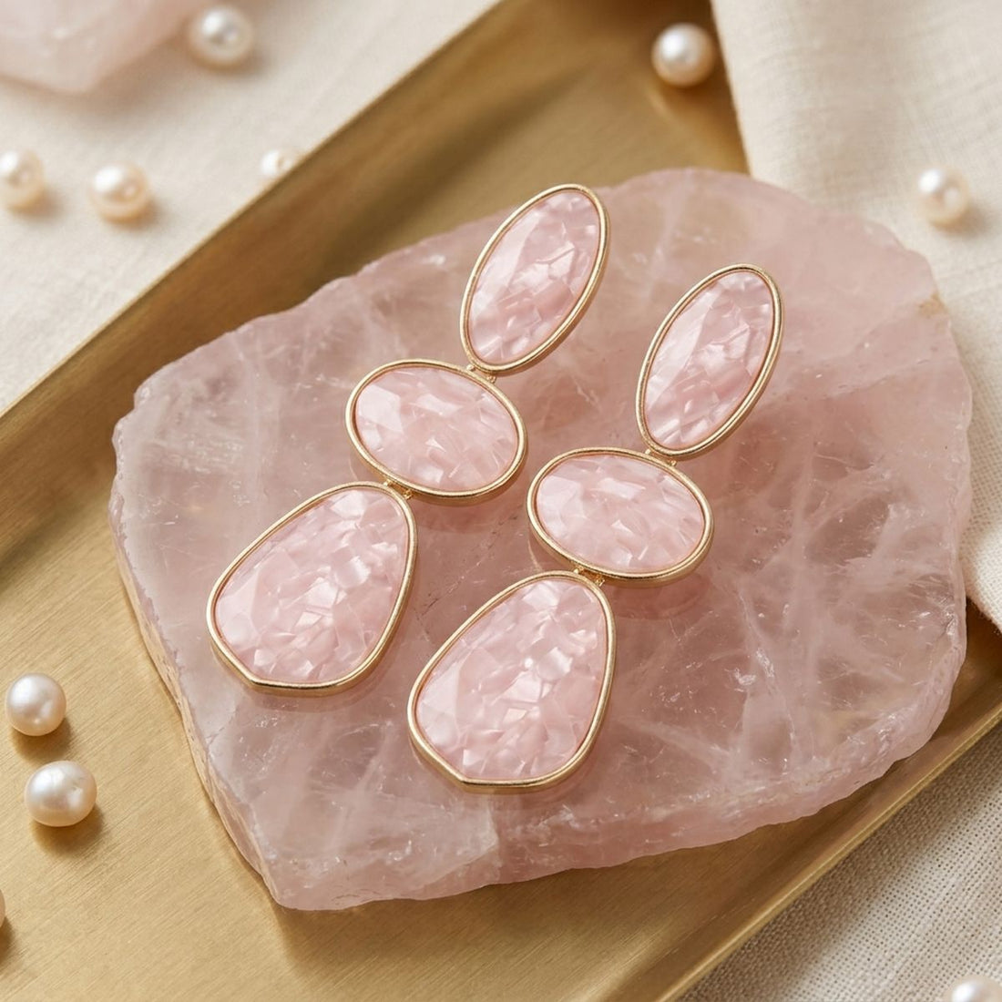 3 Tier Drop Pink Mosaic Gold Geometric Earrings