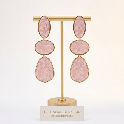 3 Tier Drop Pink Mosaic Gold Geometric Earrings