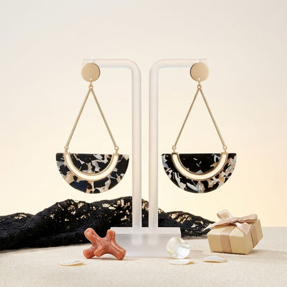 Black Marbled Half Moon Gold Drop Earrings