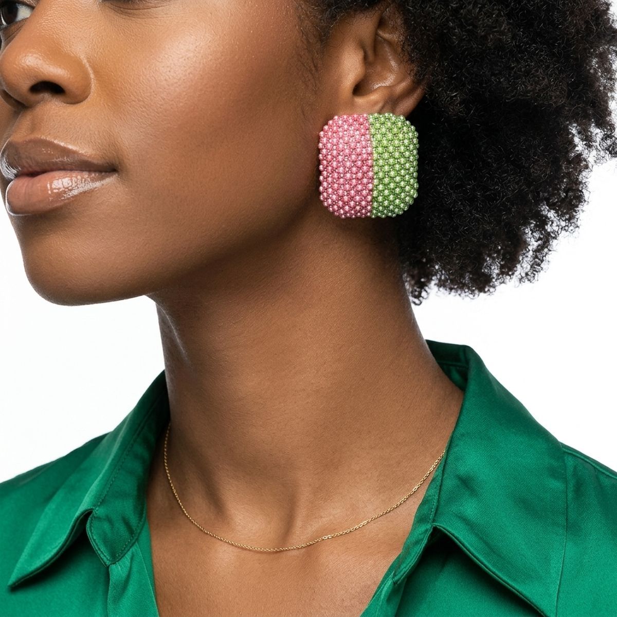 AKA Pink Green Square Pearl Stone Stud Earrings