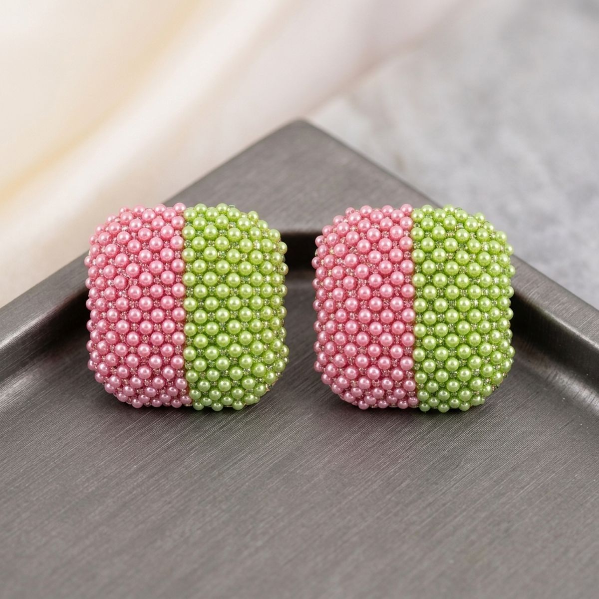 AKA Pink Green Square Pearl Stone Stud Earrings