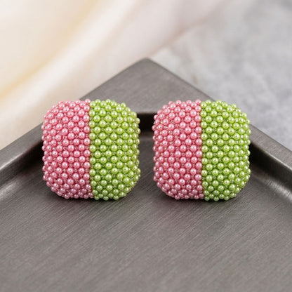 AKA Pink Green Square Pearl Stone Stud Earrings