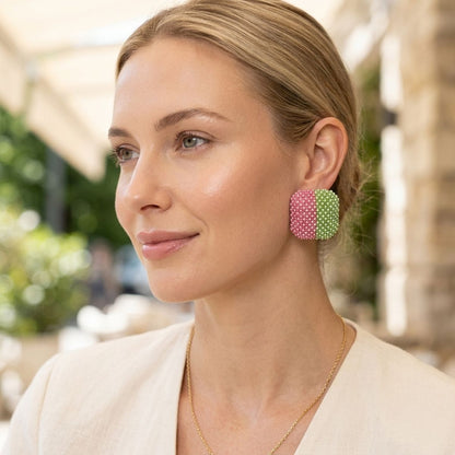 AKA Pink Green Square Pearl Stone Stud Earrings
