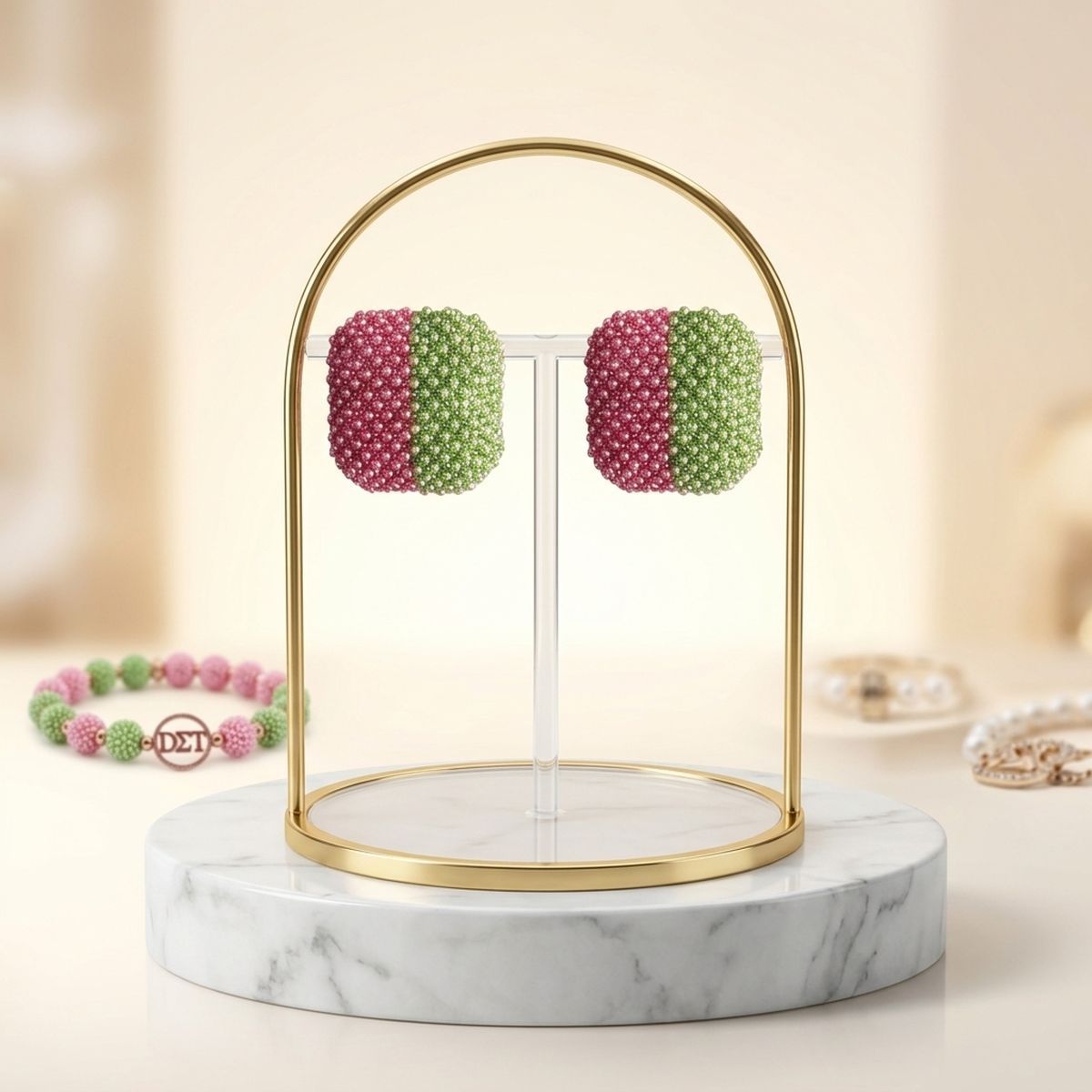 AKA Pink Green Square Pearl Stone Stud Earrings