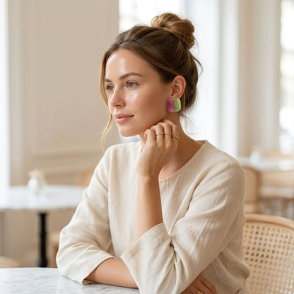 AKA Pink Green Square Pearl Stone Stud Earrings