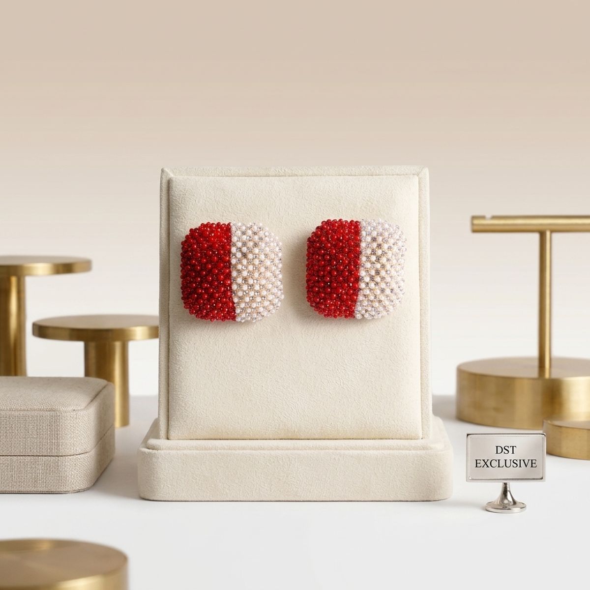 DST Red and White Square Pearl Stone Stud Earrings