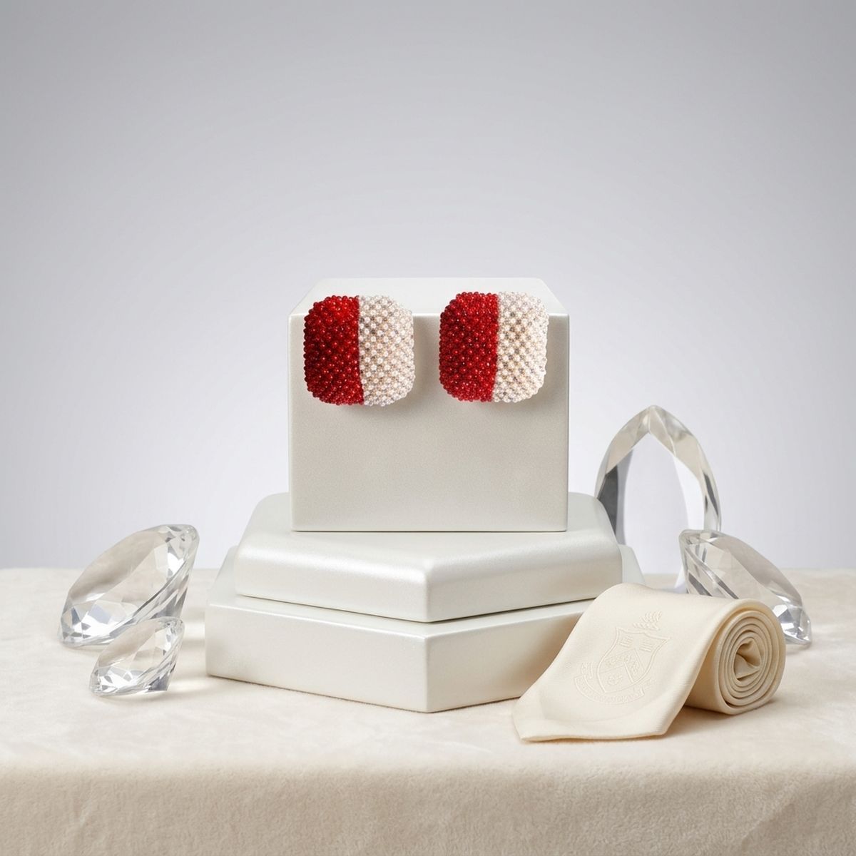 DST Red and White Square Pearl Stone Stud Earrings