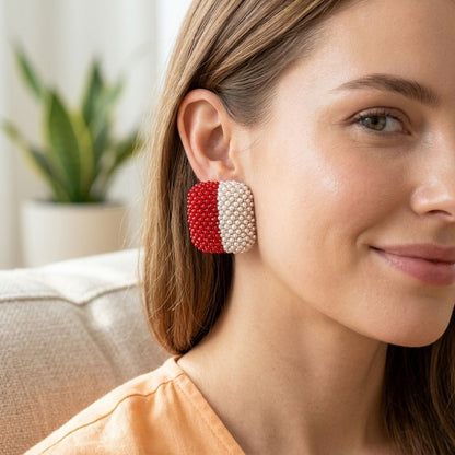 DST Red and White Square Pearl Stone Stud Earrings