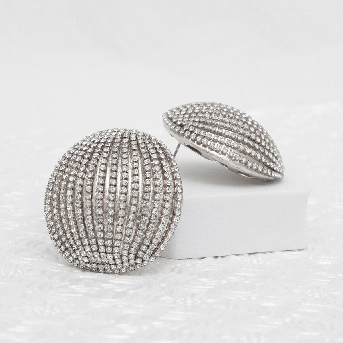 Stud Domed Silver Striped Shimmer Polished Earrings