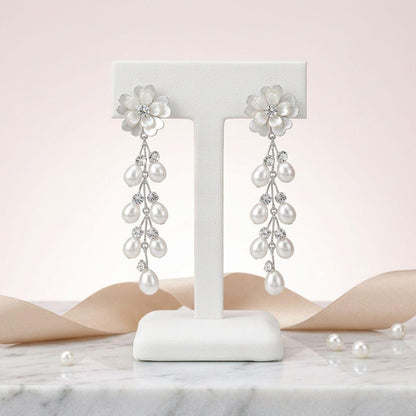 Dangle Silver Floral White Pearl Cascade Earrings