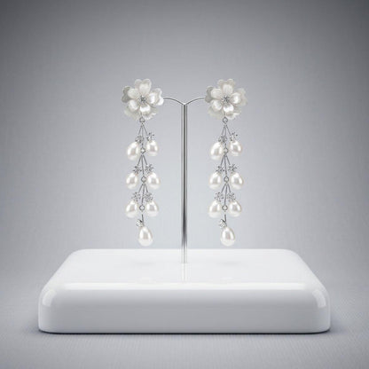 Dangle Silver Floral White Pearl Cascade Earrings