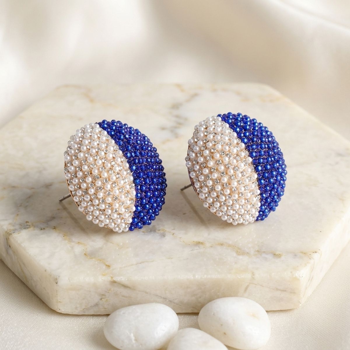 ZPB Blue and White Dome Pearl Stone Stud Earrings