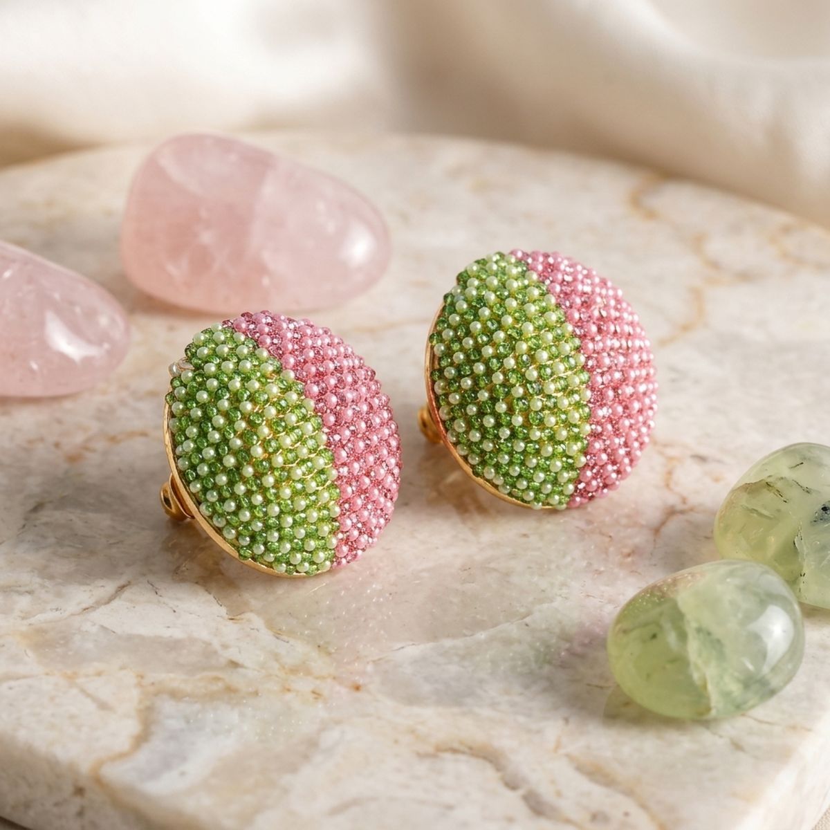 AKA Pink Green Dome Pearl Stone Stud Earrings