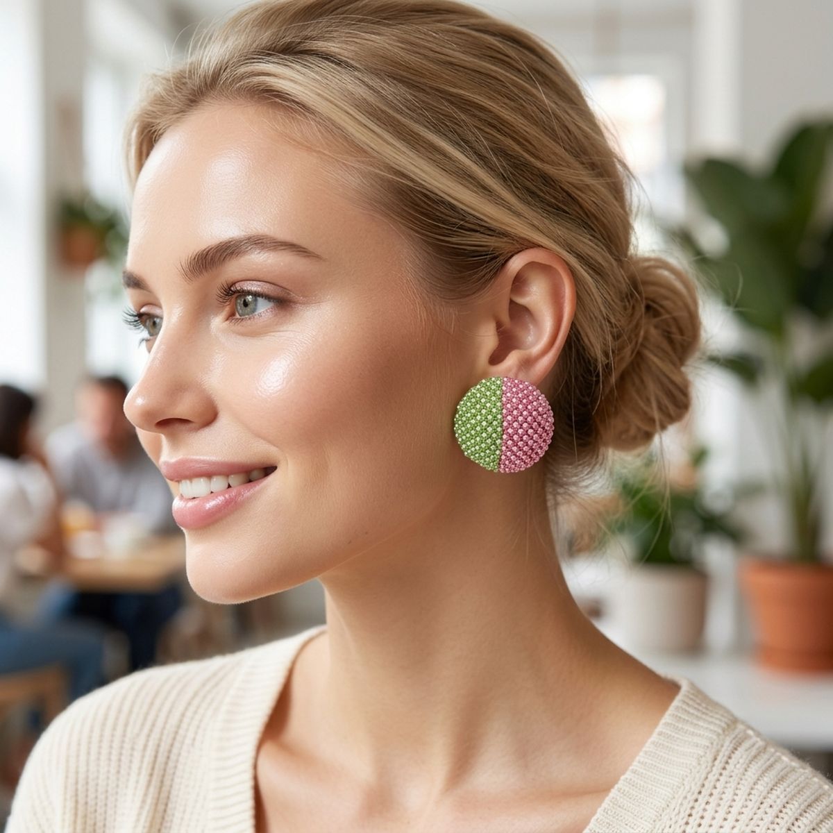 AKA Pink Green Dome Pearl Stone Stud Earrings