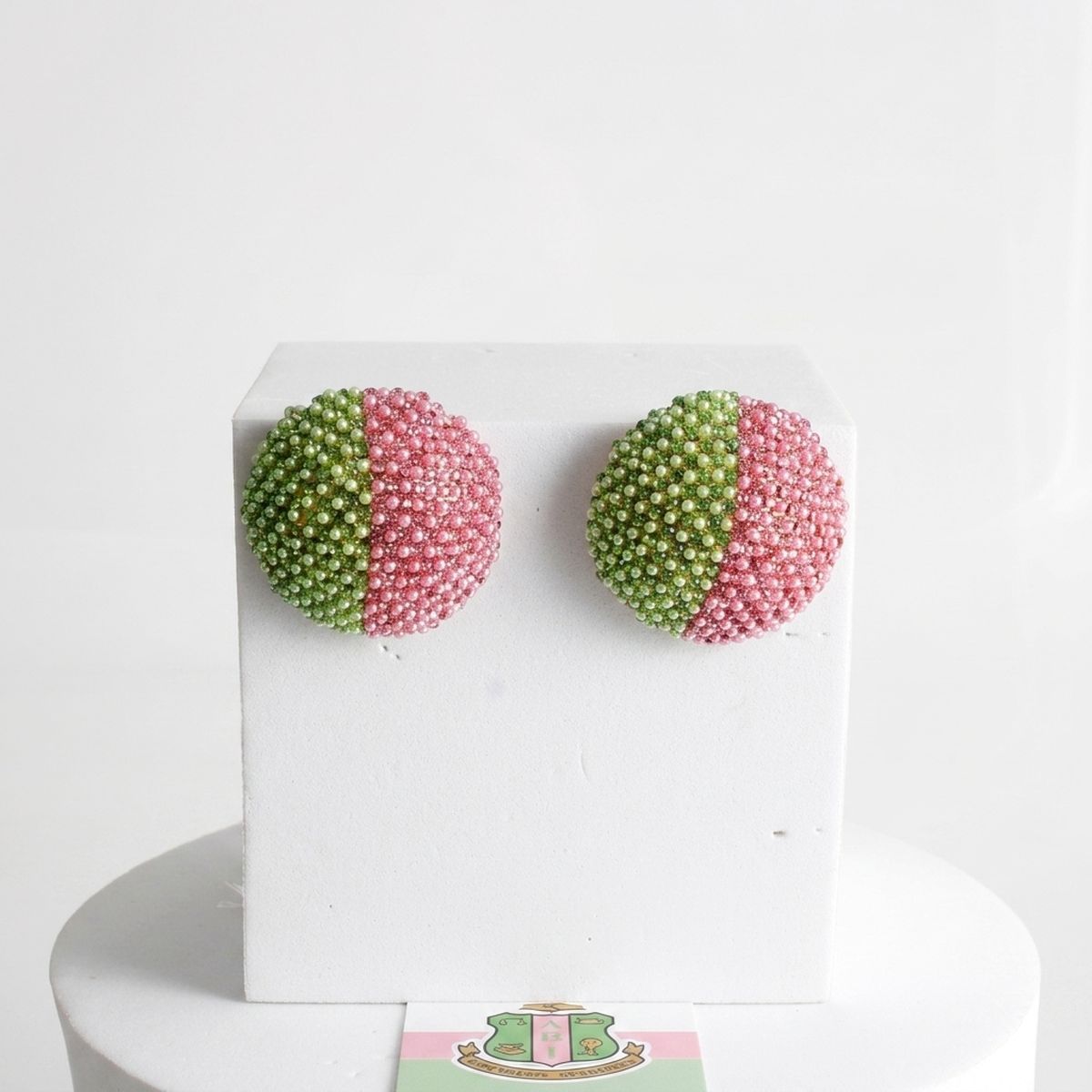 AKA Pink Green Dome Pearl Stone Stud Earrings