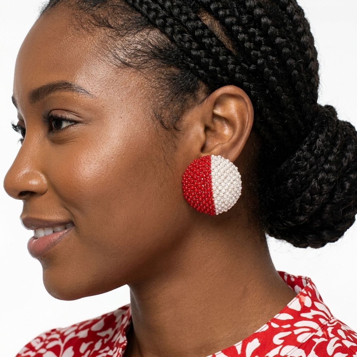 DST Red and White Dome Pearl Stone Stud Earrings