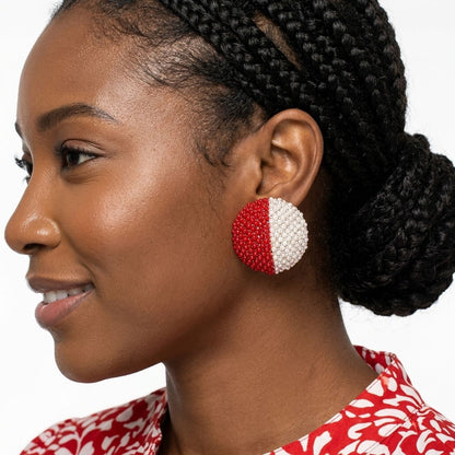 DST Red and White Dome Pearl Stone Stud Earrings