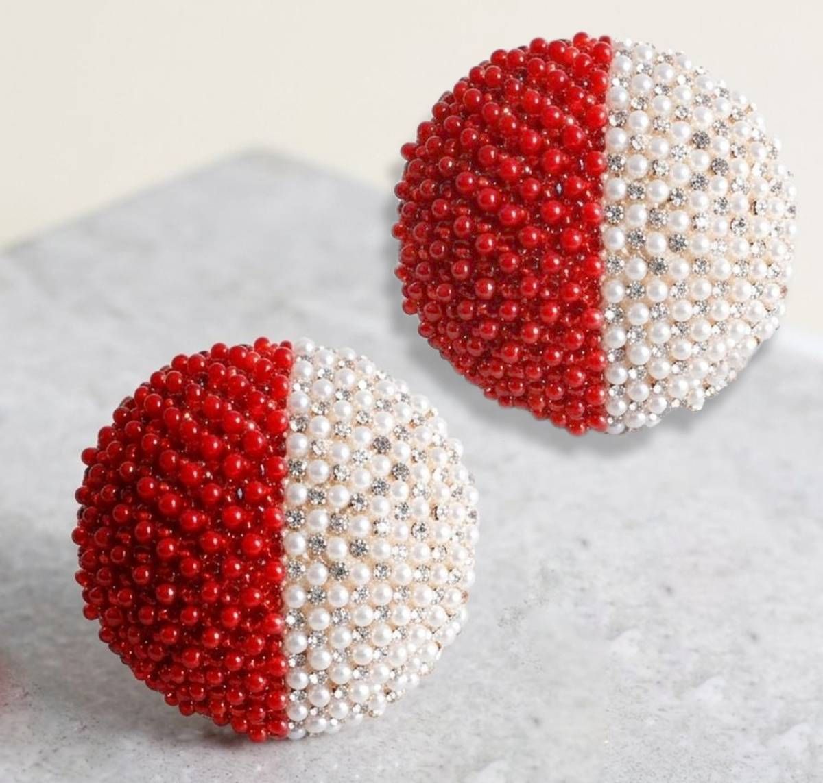 DST Red and White Dome Pearl Stone Stud Earrings
