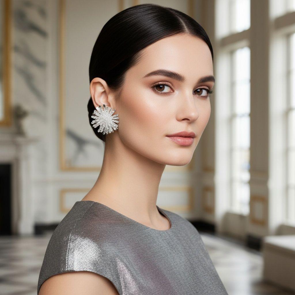 Stud Clear Cluster Silver Flower Petal Earrings