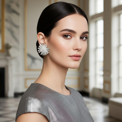 Stud Clear Cluster Silver Flower Petal Earrings