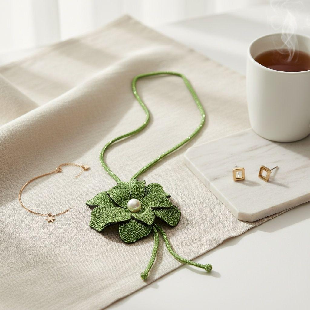 Long Y Brilliant Green Blooming Flower Necklace