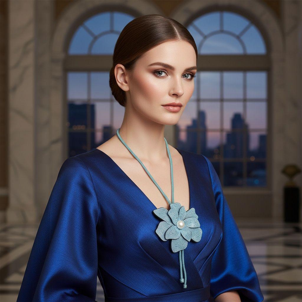 Long Y Brilliant Turquoise Blooming Flower Necklace