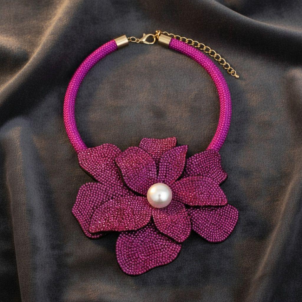Brilliant Fuchsia Blooming Flower Choker Necklace