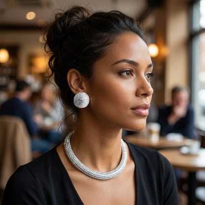 Silver Clear Stone 6 Row Disco Ball Collar Necklace Set