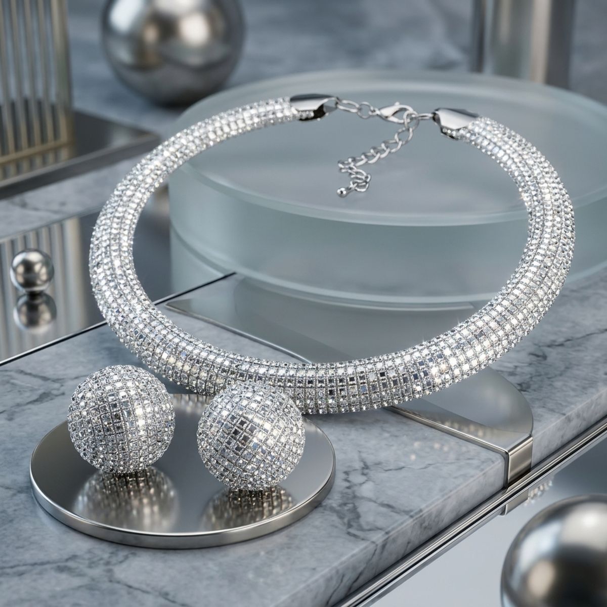 Silver Clear Stone 6 Row Disco Ball Collar Necklace Set