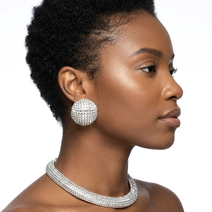 Silver Clear Stone 6 Row Disco Ball Collar Necklace Set
