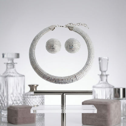 Silver Clear Stone 6 Row Disco Ball Collar Necklace Set