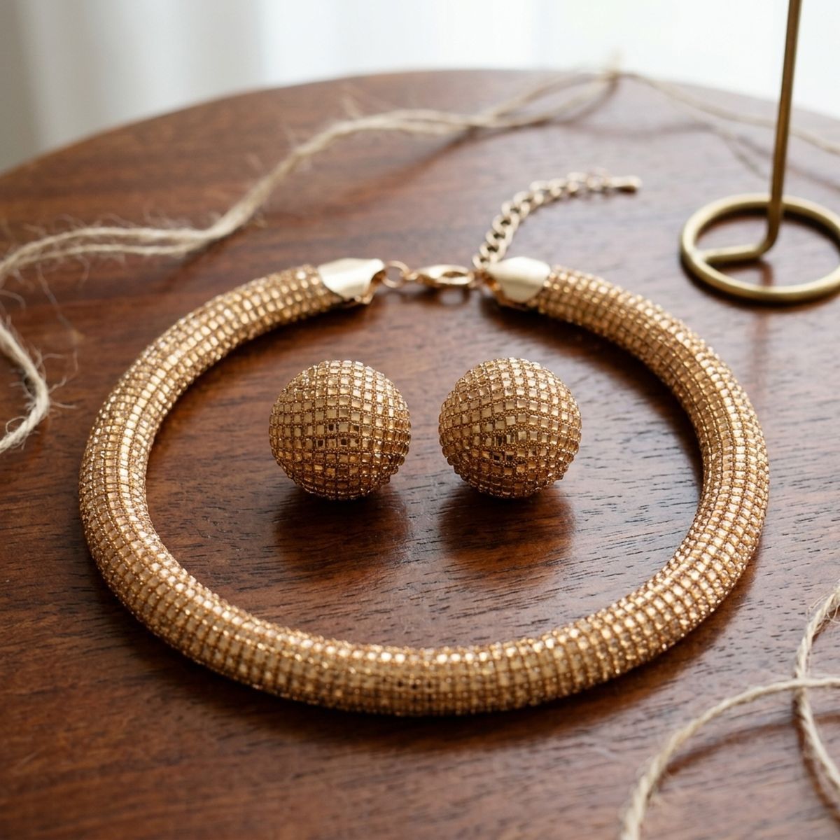 Gold Square Stone 6 Row Disco Ball Collar Necklace Set