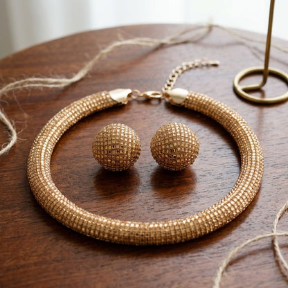 Gold Square Stone 6 Row Disco Ball Collar Necklace Set