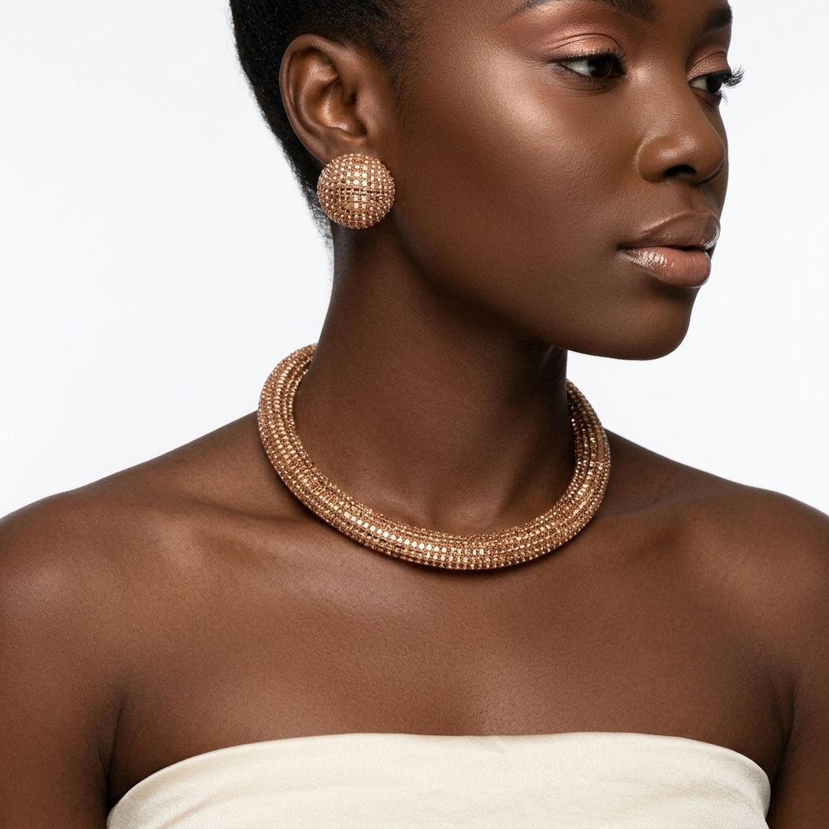 Gold Square Stone 6 Row Disco Ball Collar Necklace Set