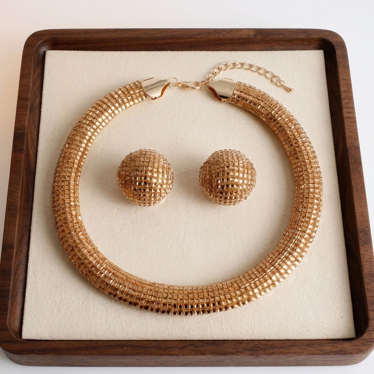Gold Square Stone 6 Row Disco Ball Collar Necklace Set