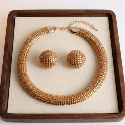 Gold Square Stone 6 Row Disco Ball Collar Necklace Set