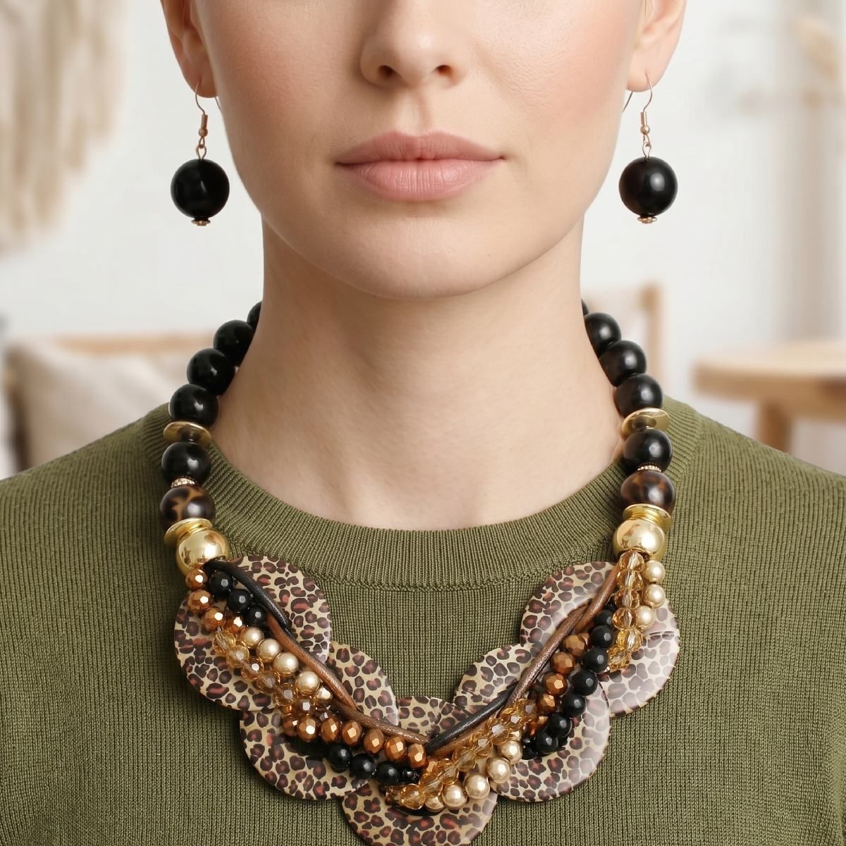 Leopard Print Disc Black Beaded Collar Necklace