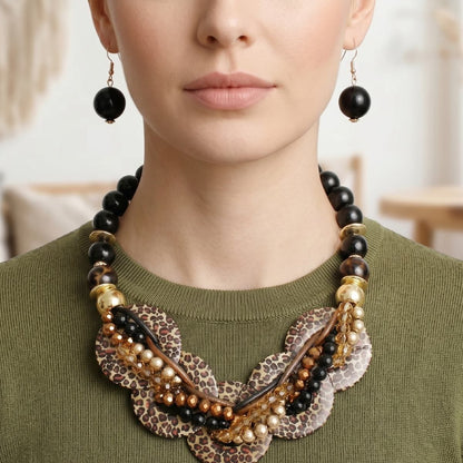Leopard Print Disc Black Beaded Collar Necklace