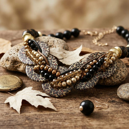 Leopard Print Disc Black Beaded Collar Necklace