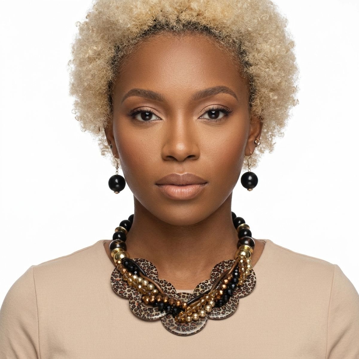 Leopard Print Disc Black Beaded Collar Necklace