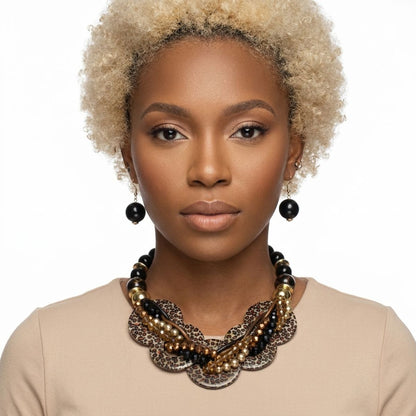 Leopard Print Disc Black Beaded Collar Necklace
