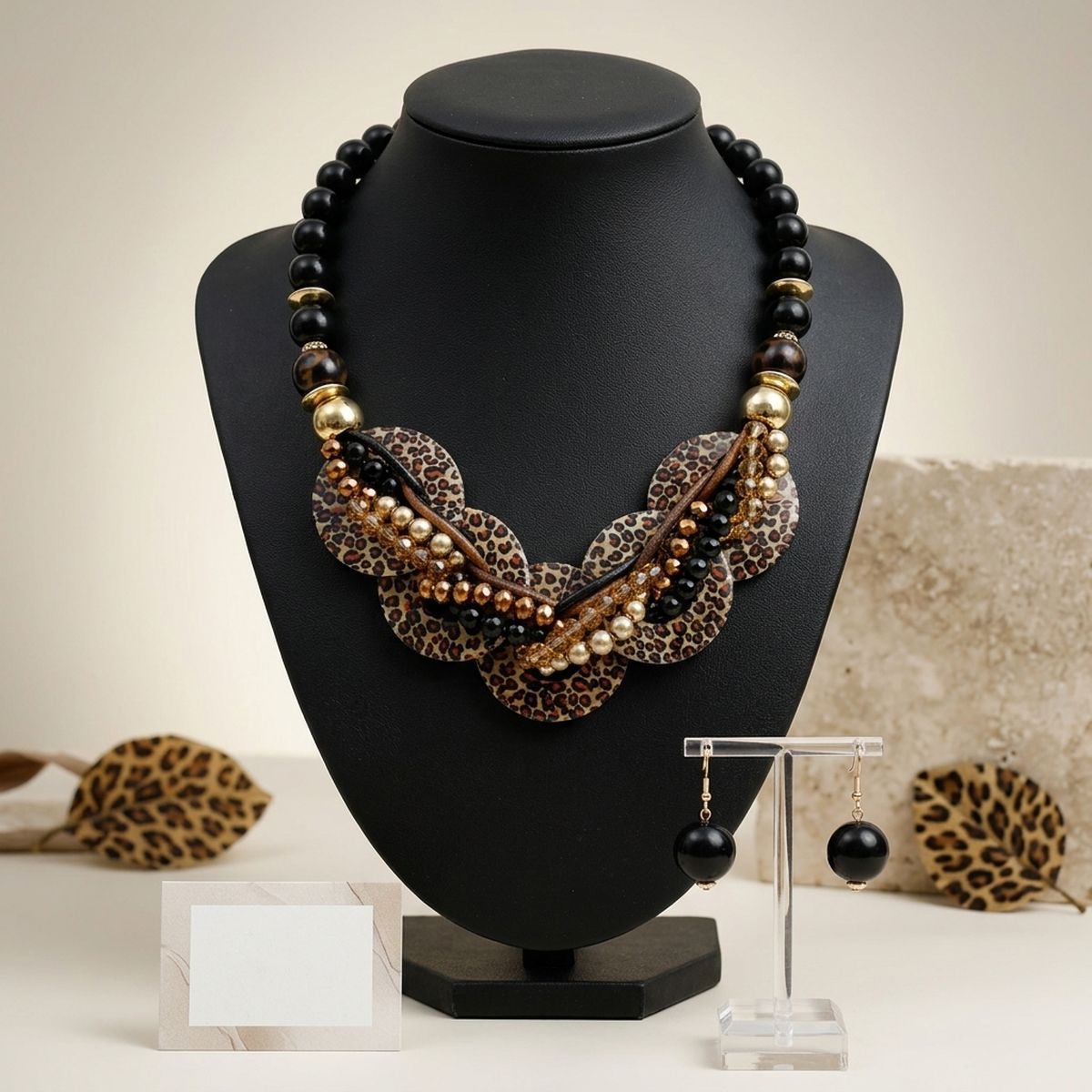 Leopard Print Disc Black Beaded Collar Necklace