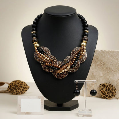 Leopard Print Disc Black Beaded Collar Necklace