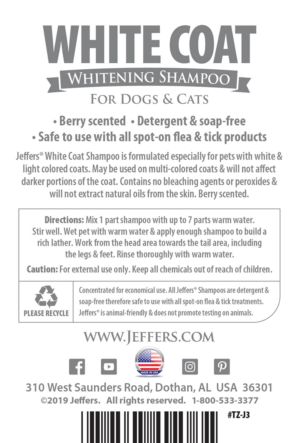 Jeffers Pet White Coat Whitening Dog &amp; Cat Shampoo