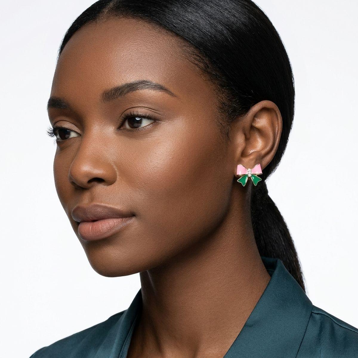 14K Gold Pink Green AKA Bow Bling Stud Earrings