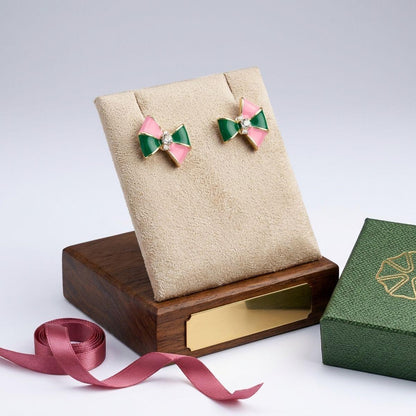 14K Gold Pink Green AKA Bow Bling Stud Earrings