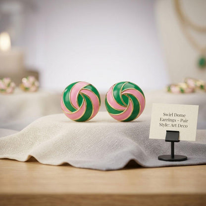 14K Gold Pink Green AKA Swirl Square Stud Earrings